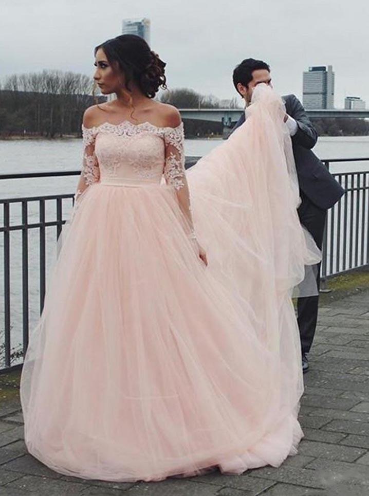 Off-Shoulder Lace Appliques Long Sleeve Tulle Pink Wedding Dresses