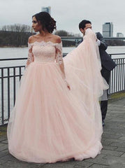 Off-Shoulder Lace Appliques Long Sleeve Tulle Pink Wedding Dresses