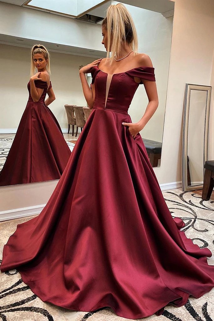 Off-Shoulder Burgundy Prom Dresses, Long Graduation Evening Dress with Pockets