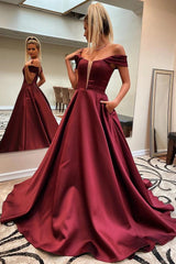 Off-Shoulder Burgundy Prom Dresses, Long Graduation Evening Dress with Pockets