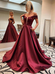 Off-Shoulder Burgundy Prom Dresses, Long Graduation Evening Dress with Pockets