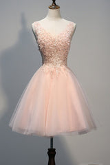 Pearl Pink V-Neck Homecoming Dresses with Appliques, Open Back