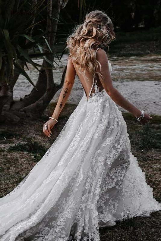 Deep V-Neck Lace Floral A-Line Wedding Dresses with Slit