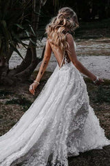 Deep V-Neck Lace Floral A-Line Wedding Dresses with Slit