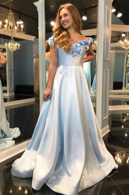 A-Line Off-The-Shoulder Floral Light Blue Long Prom Dress with Split