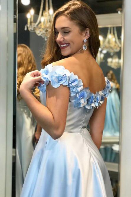 A-Line Off-The-Shoulder Floral Light Blue Long Prom Dress with Split