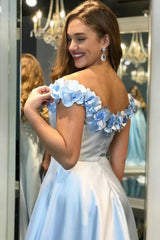 A-Line Off-The-Shoulder Floral Light Blue Long Prom Dress with Split