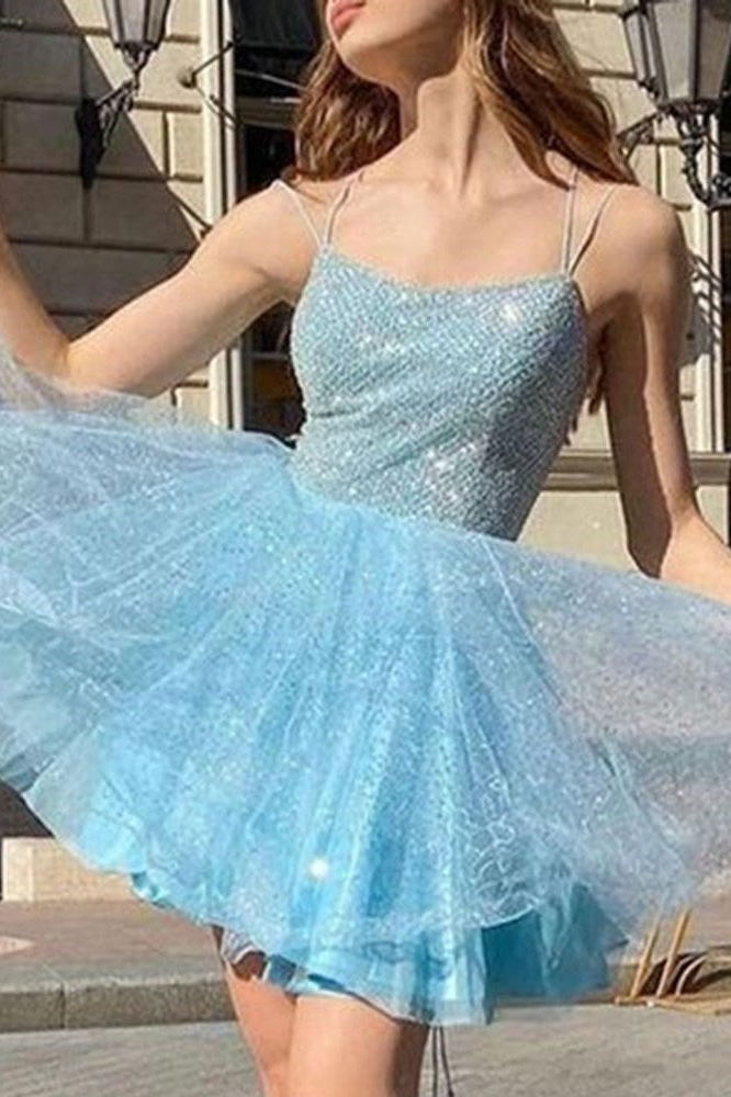 A-Line Sleeveless Blue Spaghetti Straps Homecoming Cocktail Dress