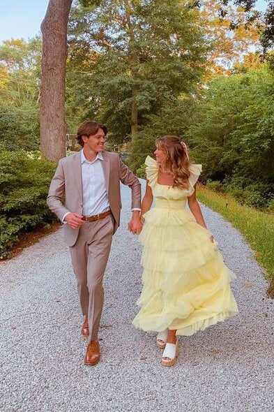 A-Line Square Yellow Tiered Long Prom Dress, Princess Tulle Formal Dress