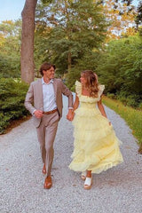 A-Line Square Yellow Tiered Long Prom Dress, Princess Tulle Formal Dress