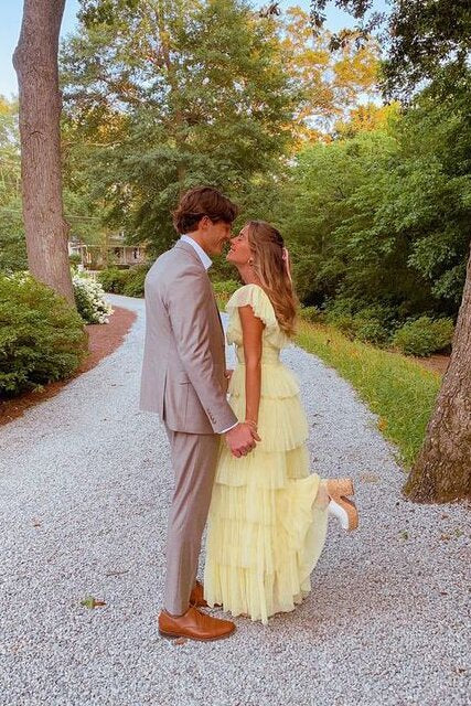 A-Line Square Yellow Tiered Long Prom Dress, Princess Tulle Formal Dress