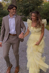A-Line Square Yellow Tiered Long Prom Dress, Princess Tulle Formal Dress