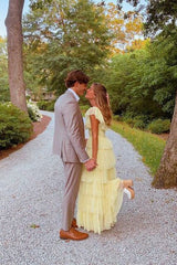 A-Line Square Yellow Tiered Long Prom Dress, Princess Tulle Formal Dress