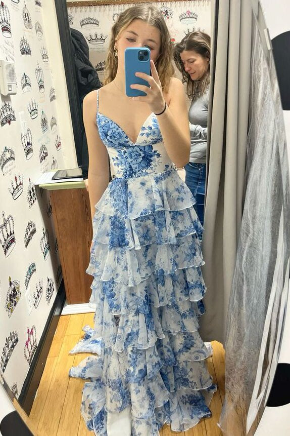 A-Line Strappy Blue Floral Print Layered Slit Prom Graduation Dress