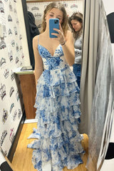 A-Line Strappy Blue Floral Print Layered Slit Prom Graduation Dress