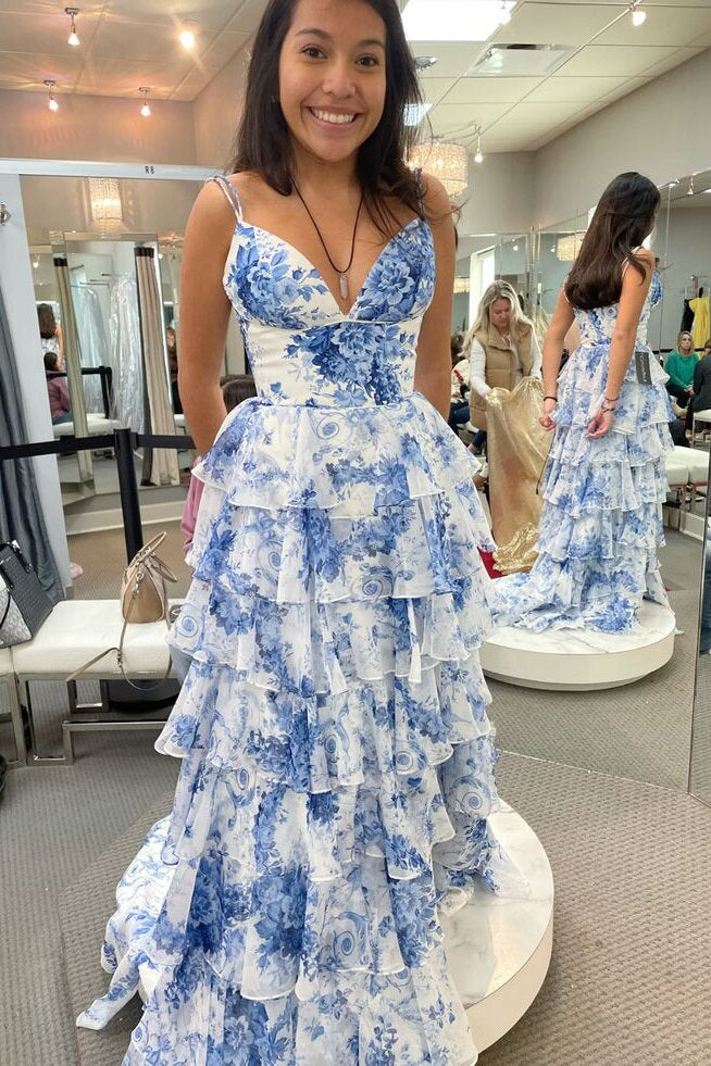 A-Line Strappy Blue Floral Print Layered Slit Prom Graduation Dress