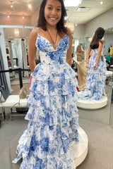 A-Line Strappy Blue Floral Print Layered Slit Prom Graduation Dress
