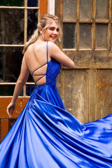 A-Line Royal Blue Satin Backless Long Prom Dress with Appliques