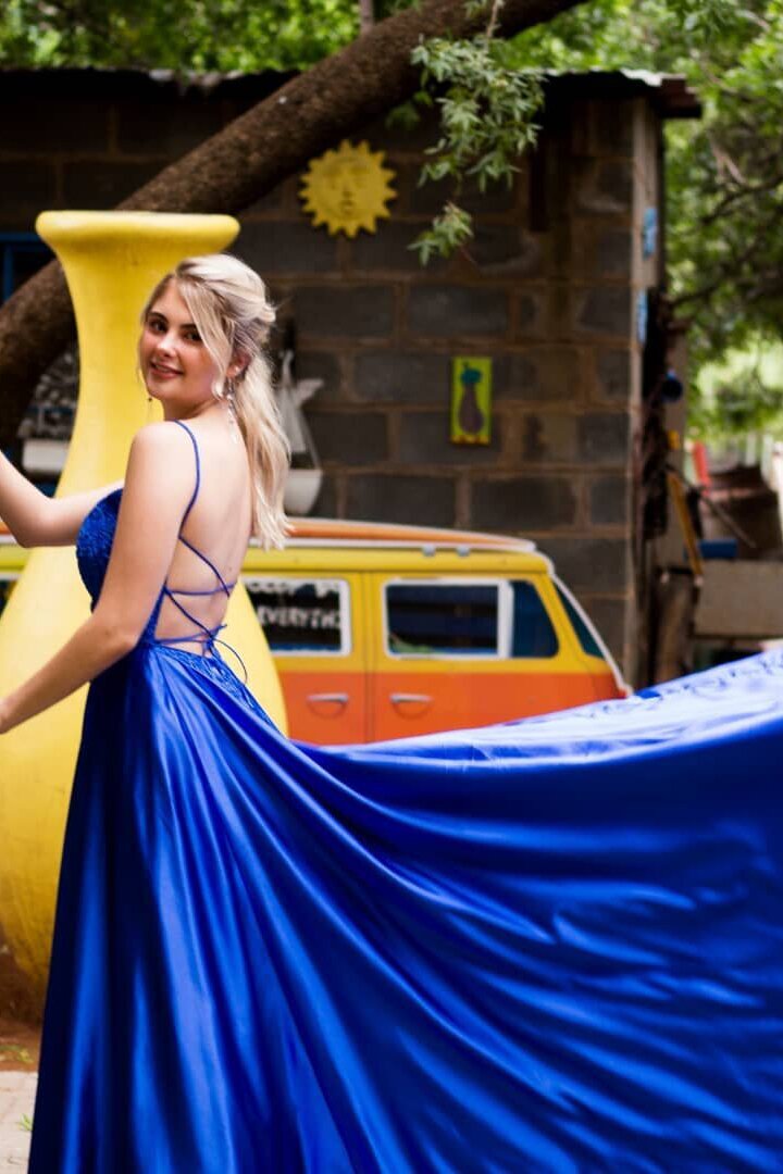 A-Line Royal Blue Satin Backless Long Prom Dress with Appliques