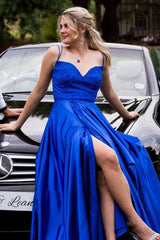 A-Line Royal Blue Satin Backless Long Prom Dress with Appliques