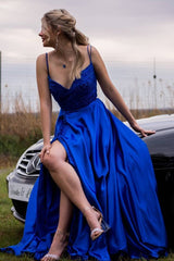 A-Line Royal Blue Satin Backless Long Prom Dress with Appliques