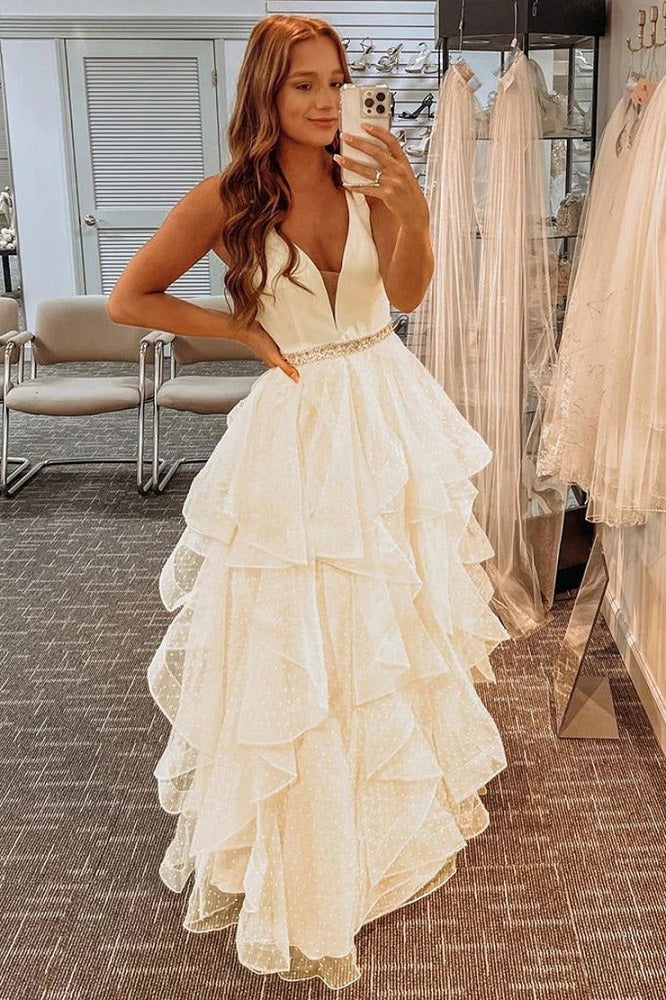 A-Line Tiered Ruffle Yellow Polka Dot Tulle Prom Dress