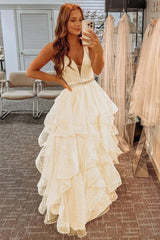 A-Line Tiered Ruffle Yellow Polka Dot Tulle Prom Dress