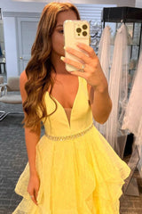 A-Line Tiered Ruffle Yellow Polka Dot Tulle Prom Dress