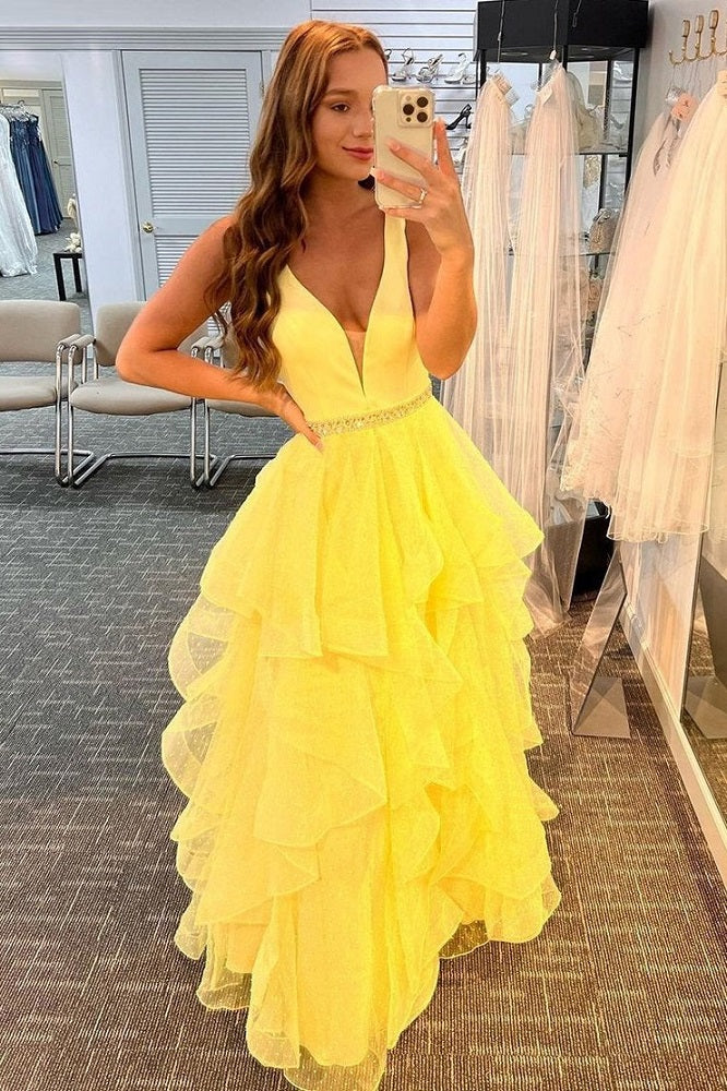 A-Line Tiered Ruffle Yellow Polka Dot Tulle Prom Dress