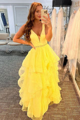 A-Line Tiered Ruffle Yellow Polka Dot Tulle Prom Dress