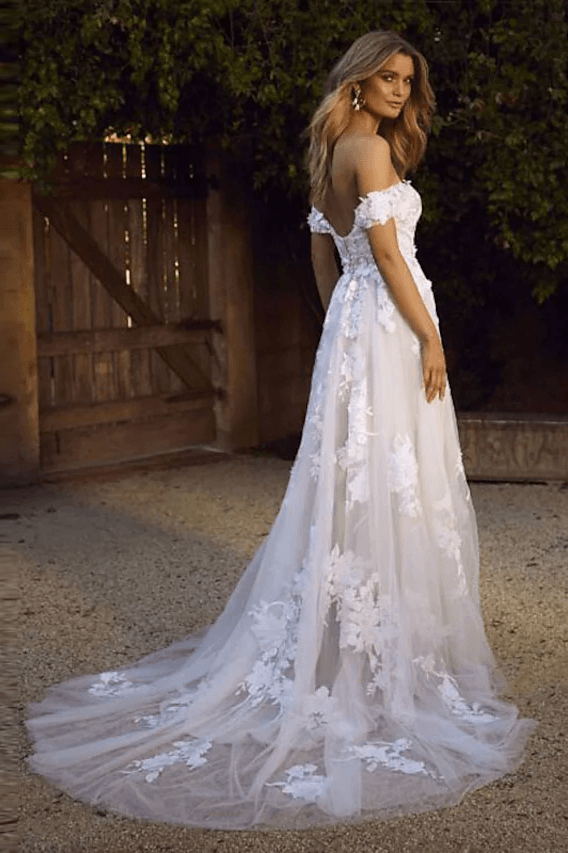 Boho A-Line Off Shoulder Lace Appliques Wedding Gown