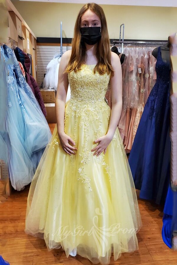 A-Line Yellow Tulle Applique Long Prom Dress