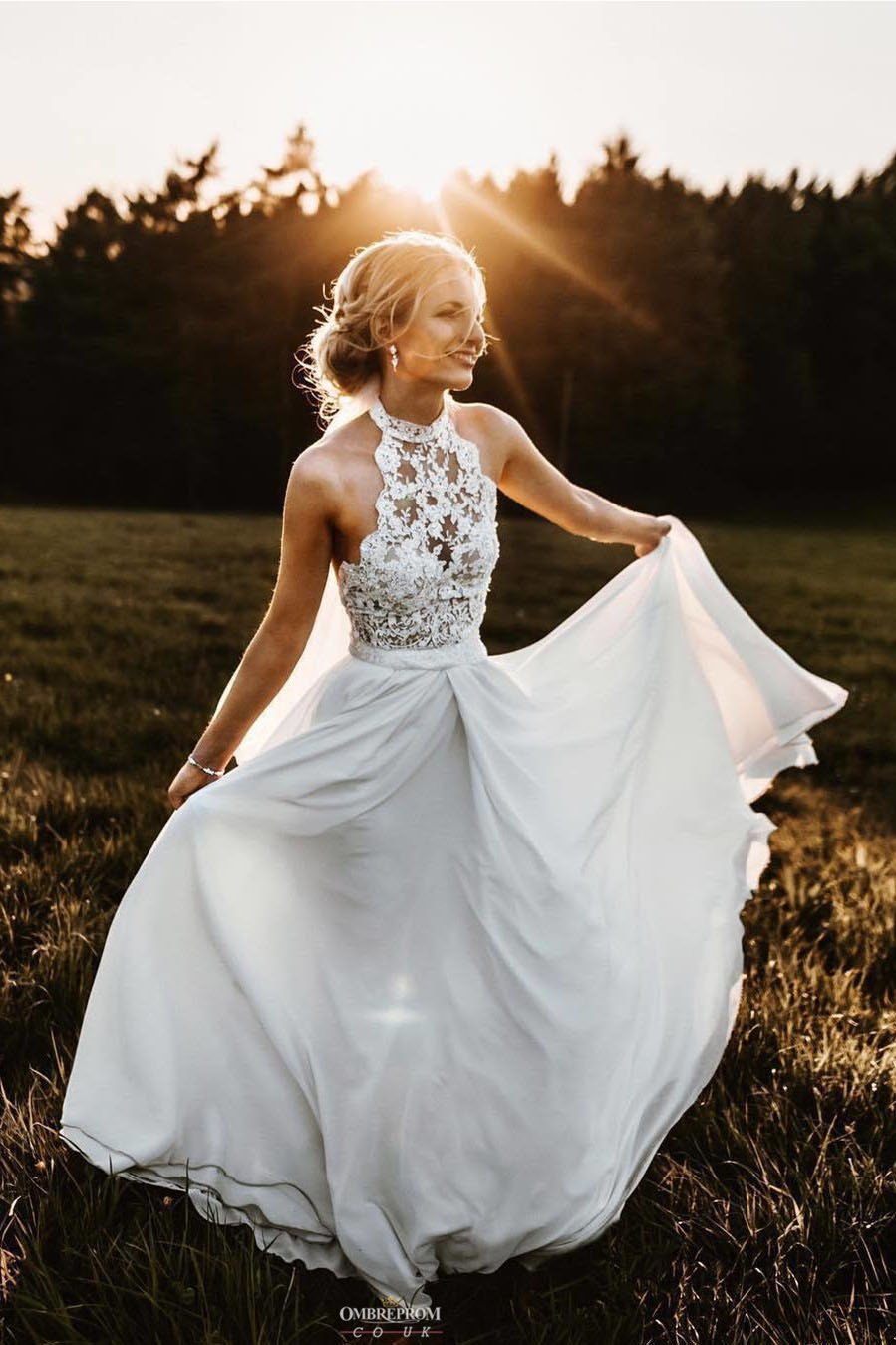 A-Line Halter Lace Chiffon Long Beach Wedding Dress