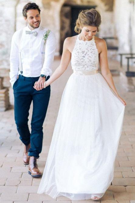 A-Line Jewel Backless Beach Wedding Dress with Lace
