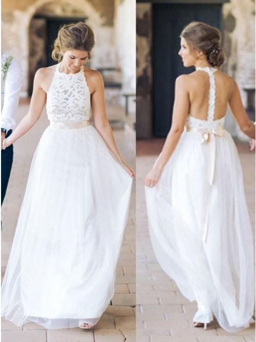 A-Line Jewel Backless Beach Wedding Dress with Lace
