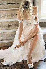 A-Line Off-Shoulder Beaded Chiffon Backless Beach Wedding Dress