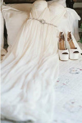 A-Line Off-Shoulder Beaded Chiffon Backless Beach Wedding Dress