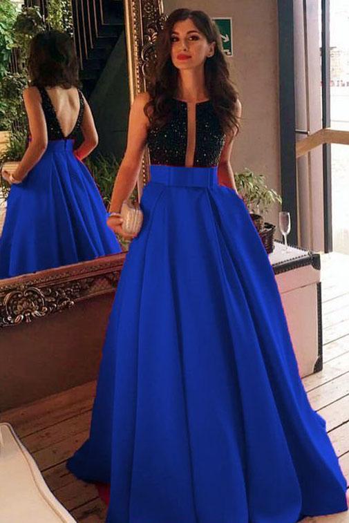 A-Line/Princess Plunging V-Neck Satin Blue Prom Evening Dress