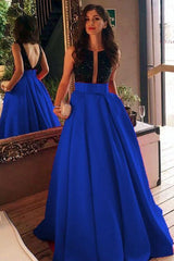 A-Line/Princess Plunging V-Neck Satin Blue Prom Evening Dress