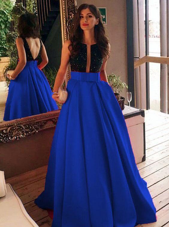 A-Line/Princess Plunging V-Neck Satin Blue Prom Evening Dress
