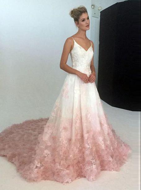 A-Line Spaghetti Straps Ombre Blush Lace Prom Wedding Dress
