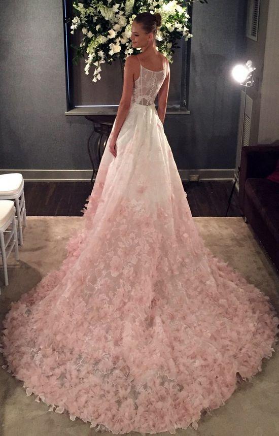 A-Line Spaghetti Straps Ombre Blush Lace Prom Wedding Dress