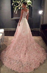 A-Line Spaghetti Straps Ombre Blush Lace Prom Wedding Dress
