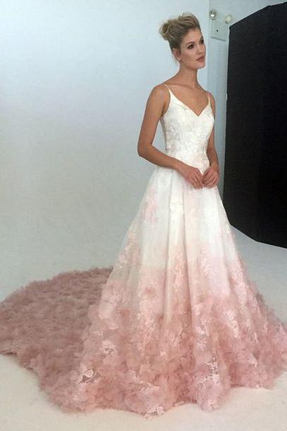 A-Line Spaghetti Straps Ombre Blush Lace Prom Wedding Dress