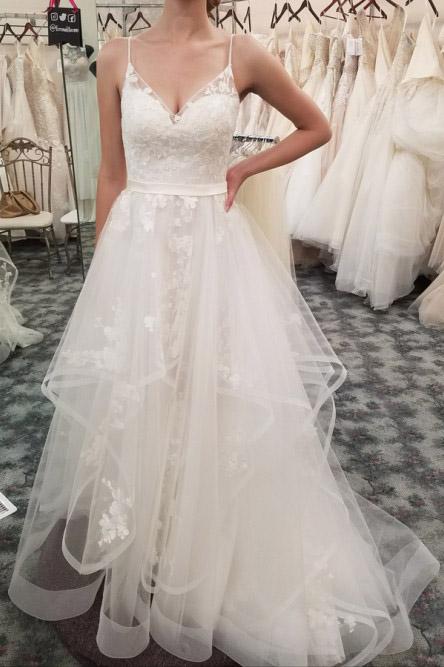 A-Line Spaghetti Straps Tiered Wedding Dress with Appliques