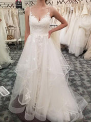 A-Line Spaghetti Straps Tiered Wedding Dress with Appliques