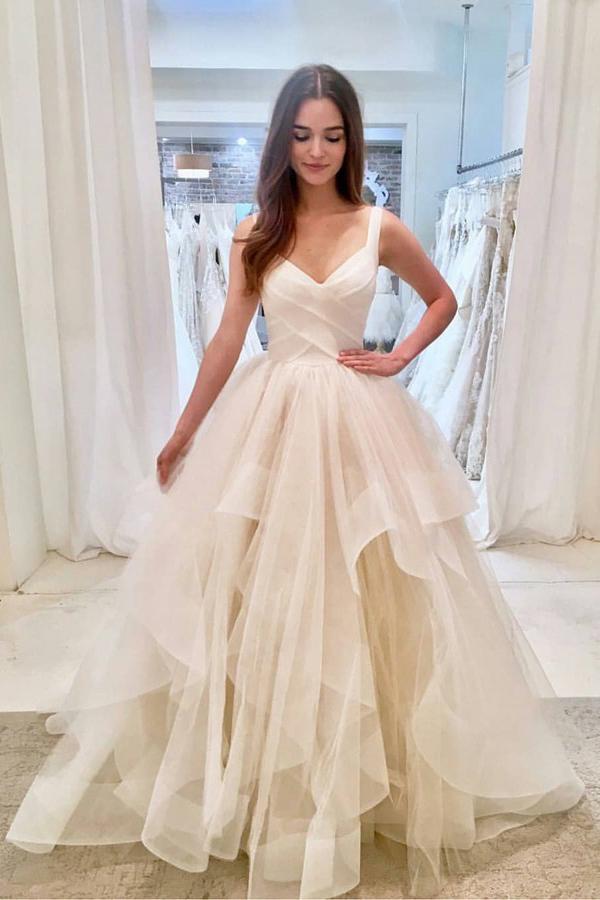 A-Line V-Neck Layered Sleeveless Wedding Dress