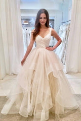 A-Line V-Neck Layered Sleeveless Wedding Dress