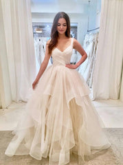 A-Line V-Neck Layered Sleeveless Wedding Dress