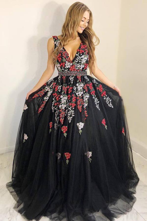 A-Line V-Neck Black Tulle Long Prom Dress with Appliques